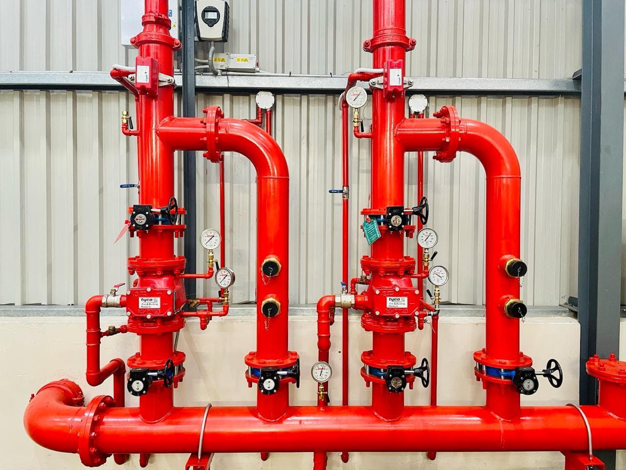 Completed bank of sprinkler risers and control valves